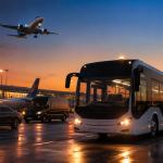 Aeroplane, bus, cab visible on runway with a flight taking off