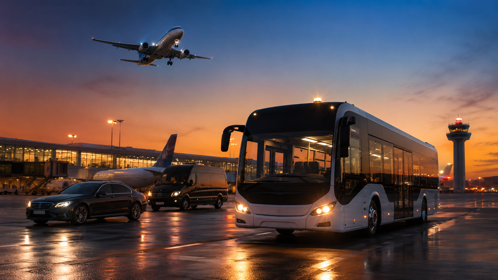 Aeroplane, bus, cab visible on runway with a flight taking off