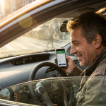 driver on driving seat with a mobile screen open