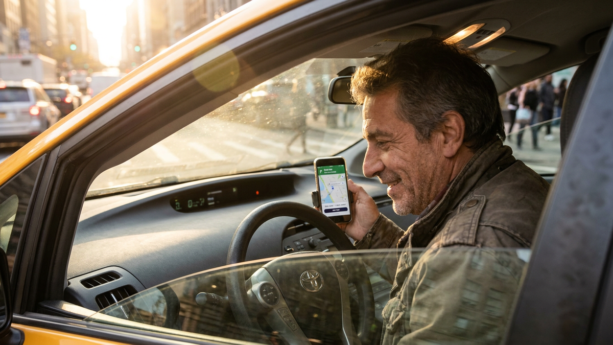 driver on driving seat with a mobile screen open