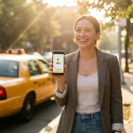 woman holding a mobile with a yellow taxi at the back