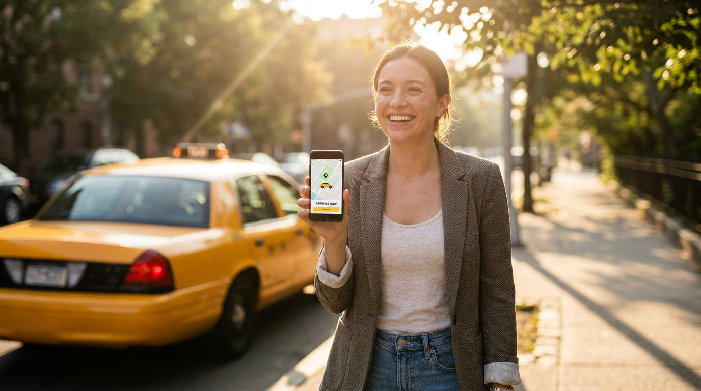 woman holding a mobile with a yellow taxi at the back