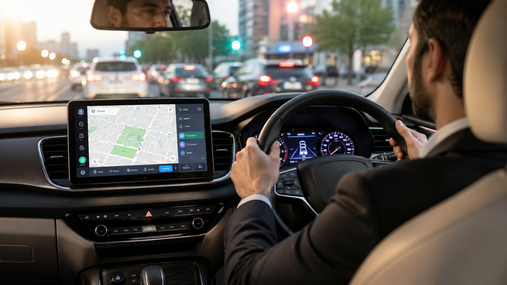 Chauffeur on wheels, on a busy road with a screen infront
