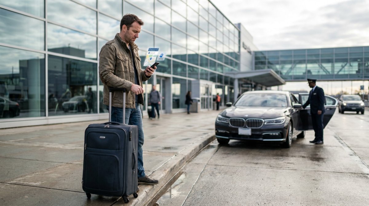 Man booking taxi on airport