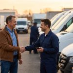 Two professionals shaking hands with fleet at the back