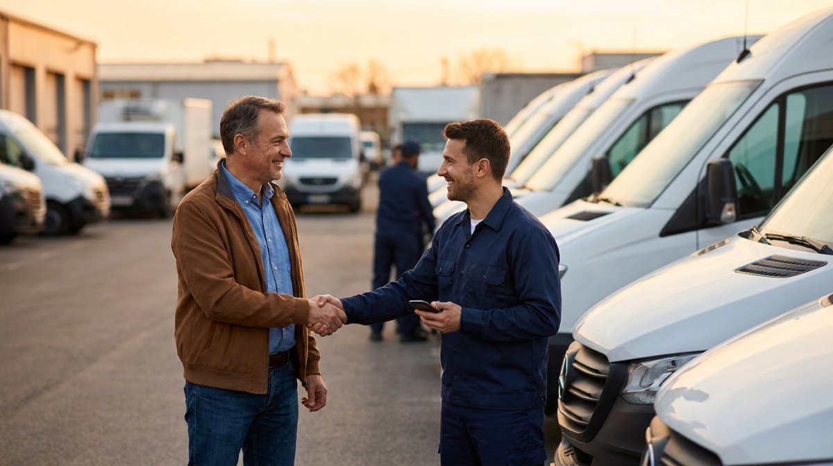 Two professionals shaking hands with fleet at the back