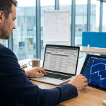 professional using 2 screens