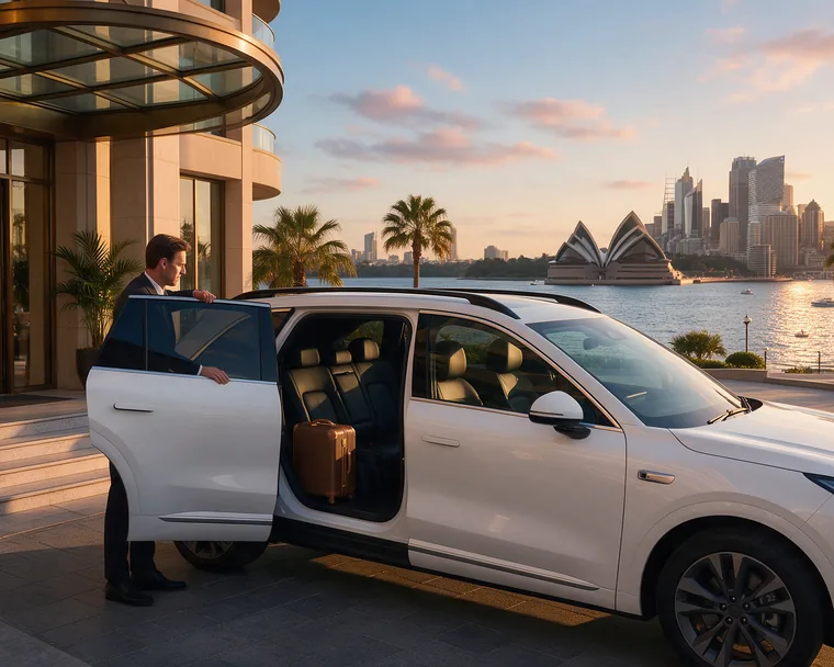 Chauffeur holding open the door of a premium electric SUV outside a Sydney hotel