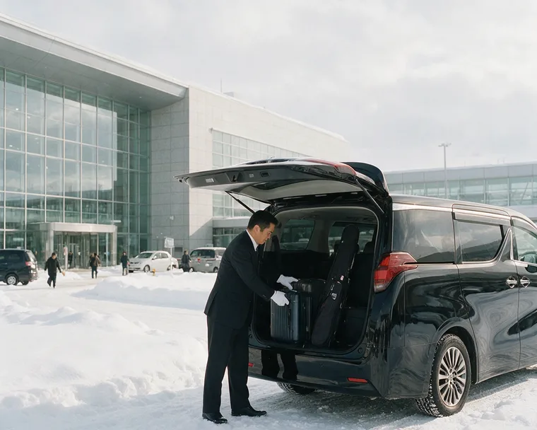 Chauffeur loading suitcases and a ski bag into a premium minivan outside a snowy Hokkaido airport terminal