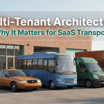 Diagram of multi-tenant transport software showing one shared SaaS platform serving multiple isolated, branded fleets