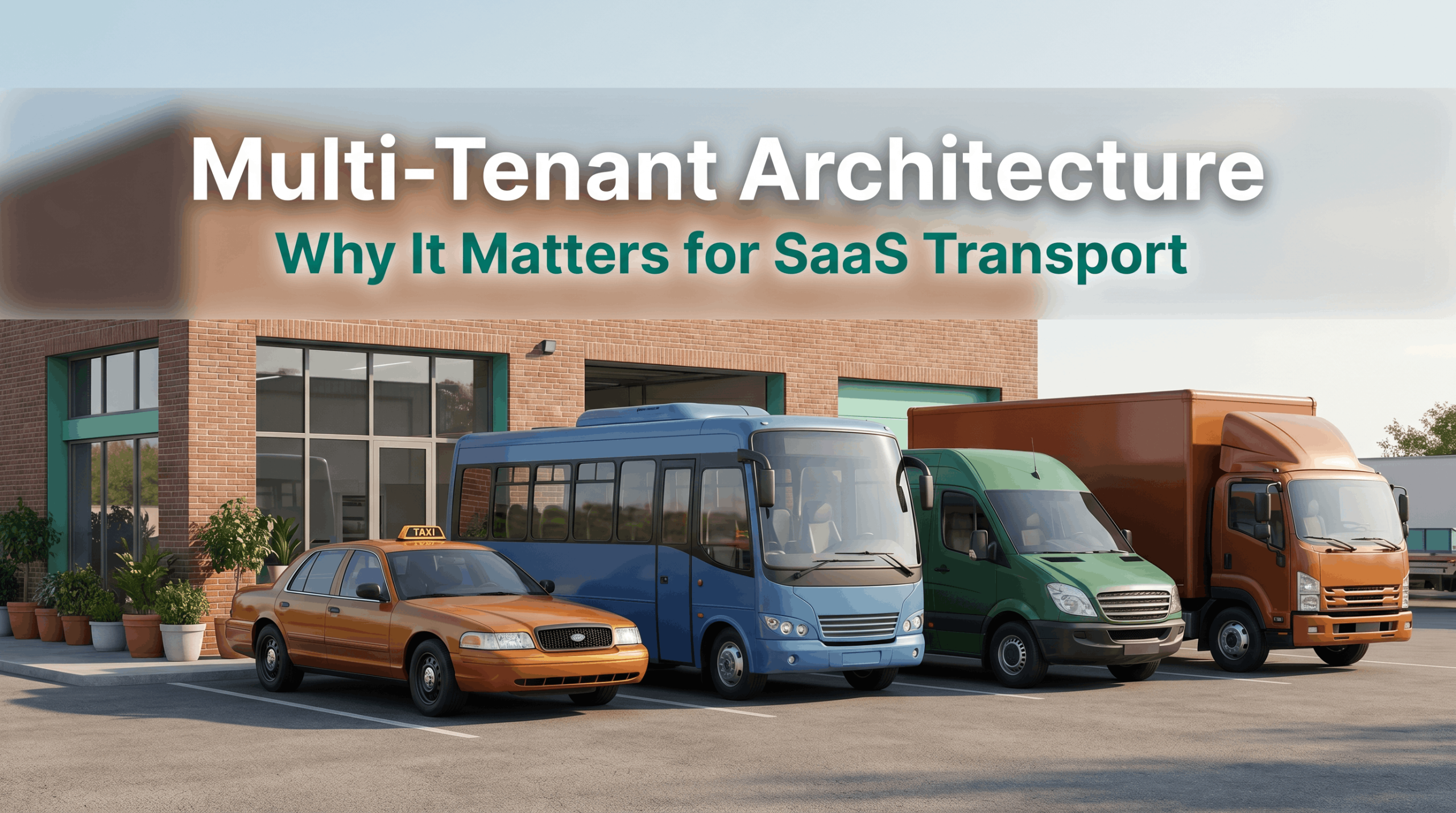 Diagram of multi-tenant transport software showing one shared SaaS platform serving multiple isolated, branded fleets