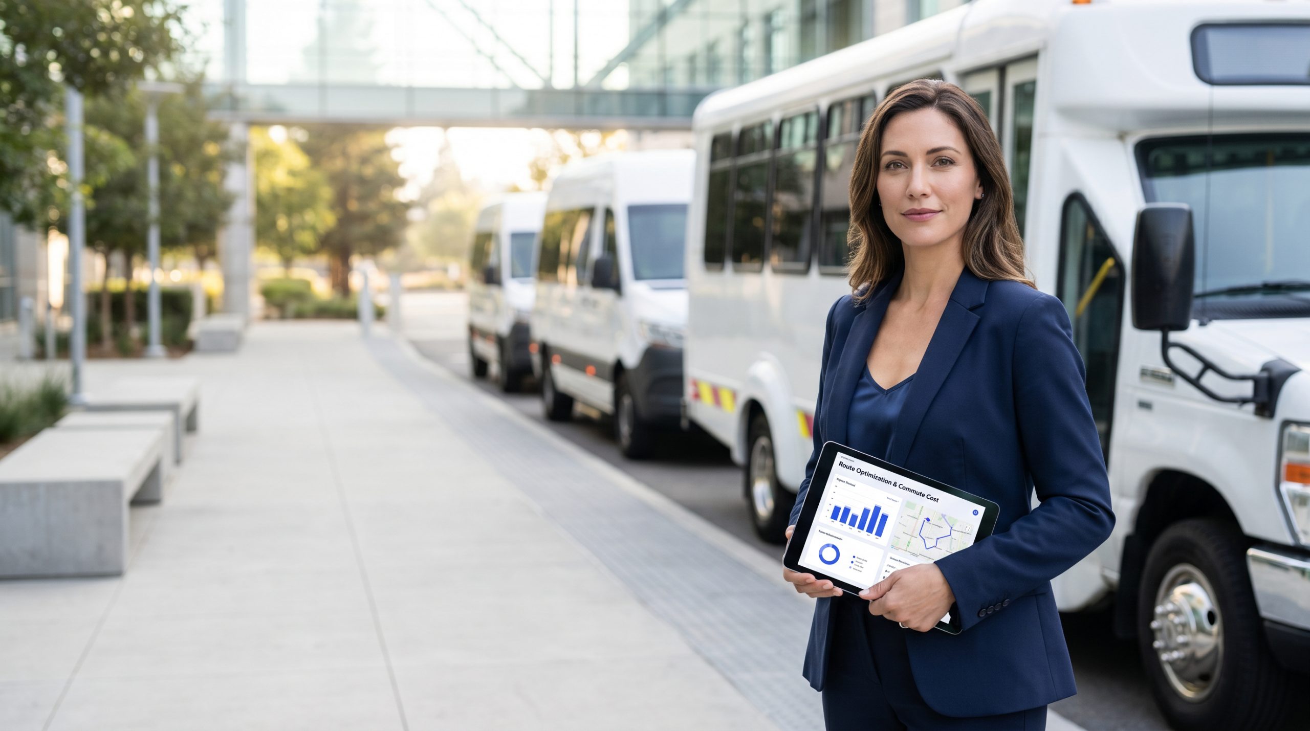 Corporate woman boarding a shuttle transport