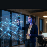 woman operating a futuristic screen
