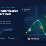 Fleet management and route optimization software 2026 buyer’s guide graphic showing delivery vehicles on optimized map routes with key features like fewer empty miles and accurate ETAs.