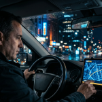 Driver using the AllRide dispatch app on a dashboard tablet showing a route map and incoming trip request at night