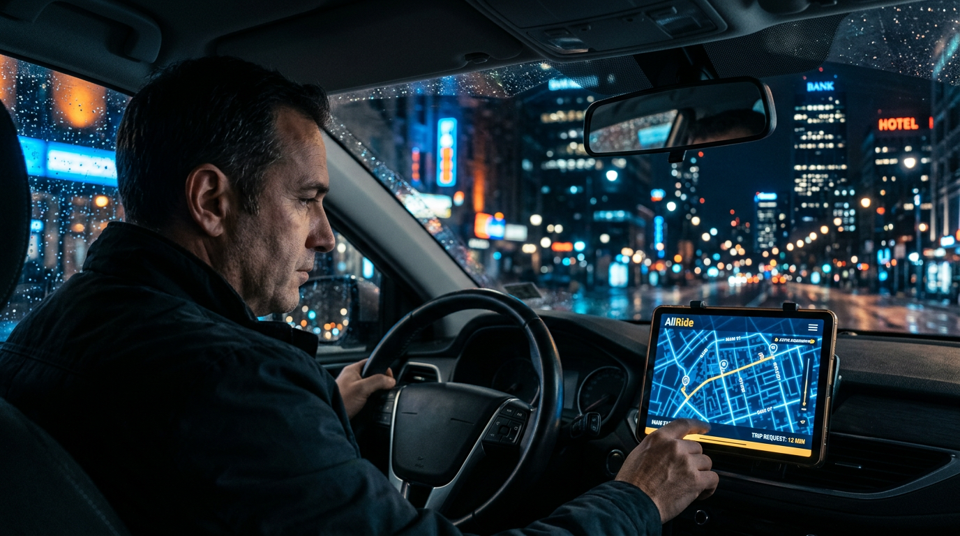 Driver using the AllRide dispatch app on a dashboard tablet showing a route map and incoming trip request at night