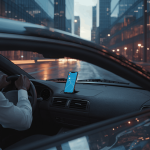 Driver driving a car with a screen infront of him.