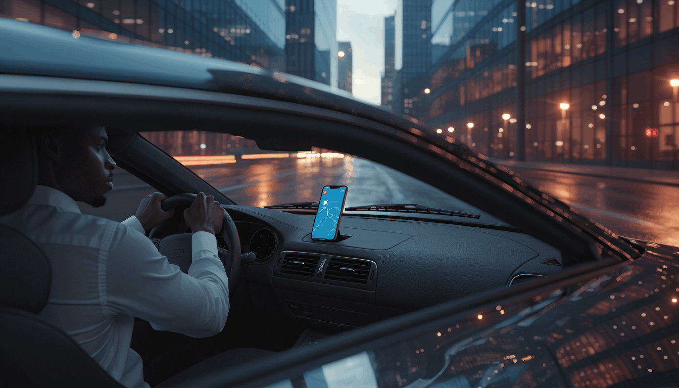 Driver driving a car with a screen infront of him.