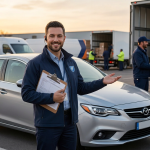 Man standing with a file with a cab at the background