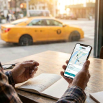 man sitting in a cafe with the AllRide apps open in a mobile