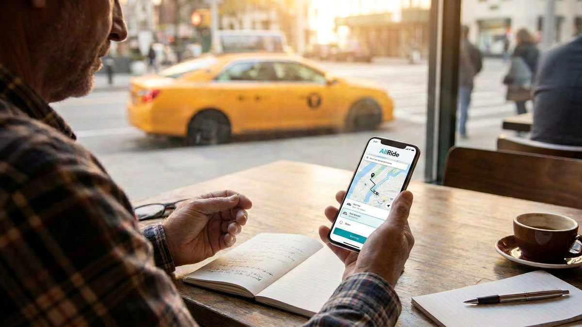 man sitting in a cafe with the AllRide apps open in a mobile