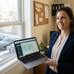 woman holding a laptop with a fleet visible from the window