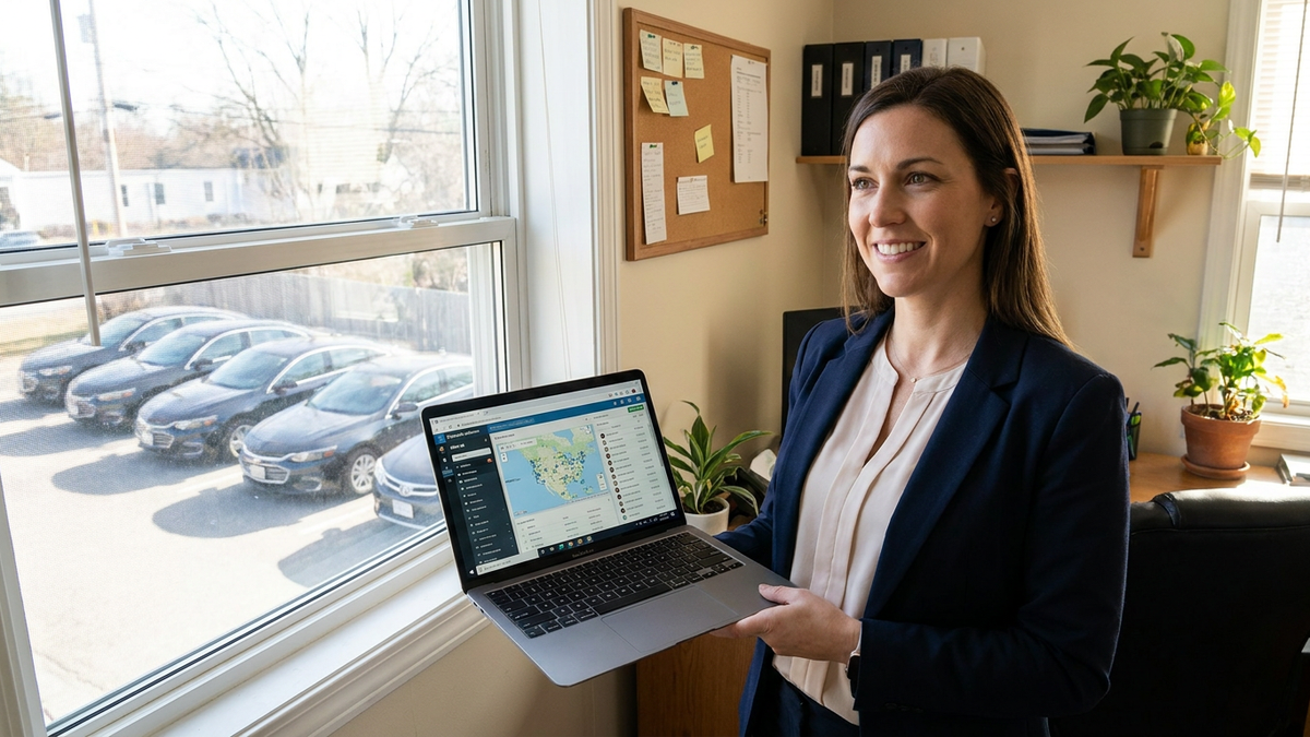 woman holding a laptop with a fleet visible from the window