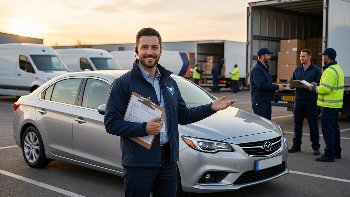 Man standing with a file with a cab at the background