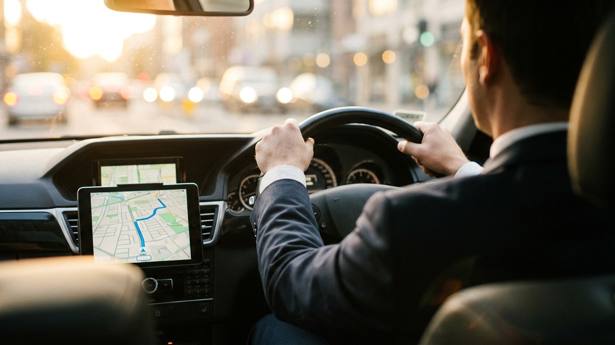 driver driving a car with a screen