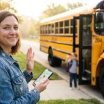 women sending off her child to school with phn in hand