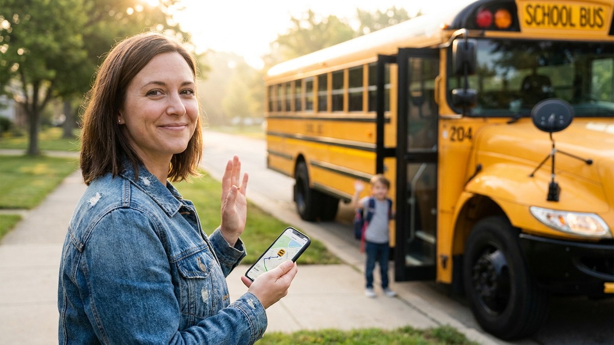 women sending off her child to school with phn in hand