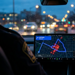 silhouette of the driver driving a can with a screen in the front
