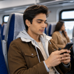 Man sitting on a seat with a mobile in his hand