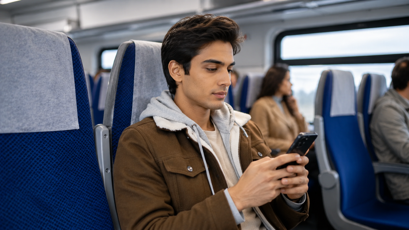 Man sitting on a seat with a mobile in his hand