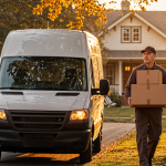 Delivery person with boxes in his had beside a delivery van