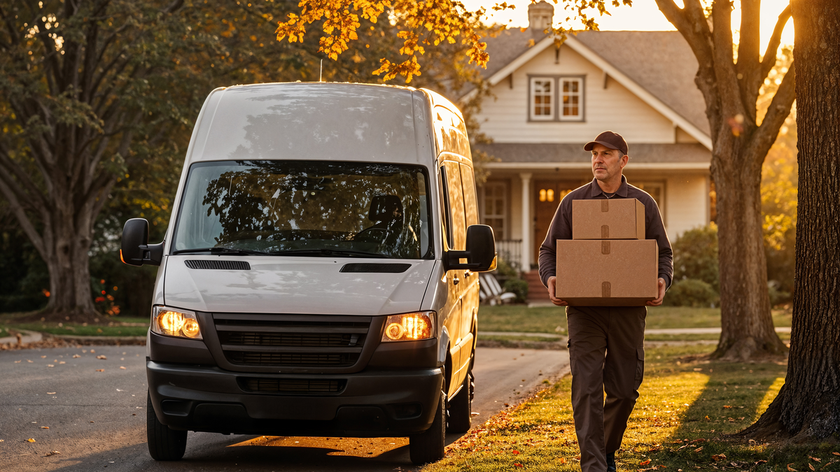 Delivery person with boxes in his had beside a delivery van