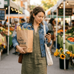 Woman in a local market with a shopping bag and mobile