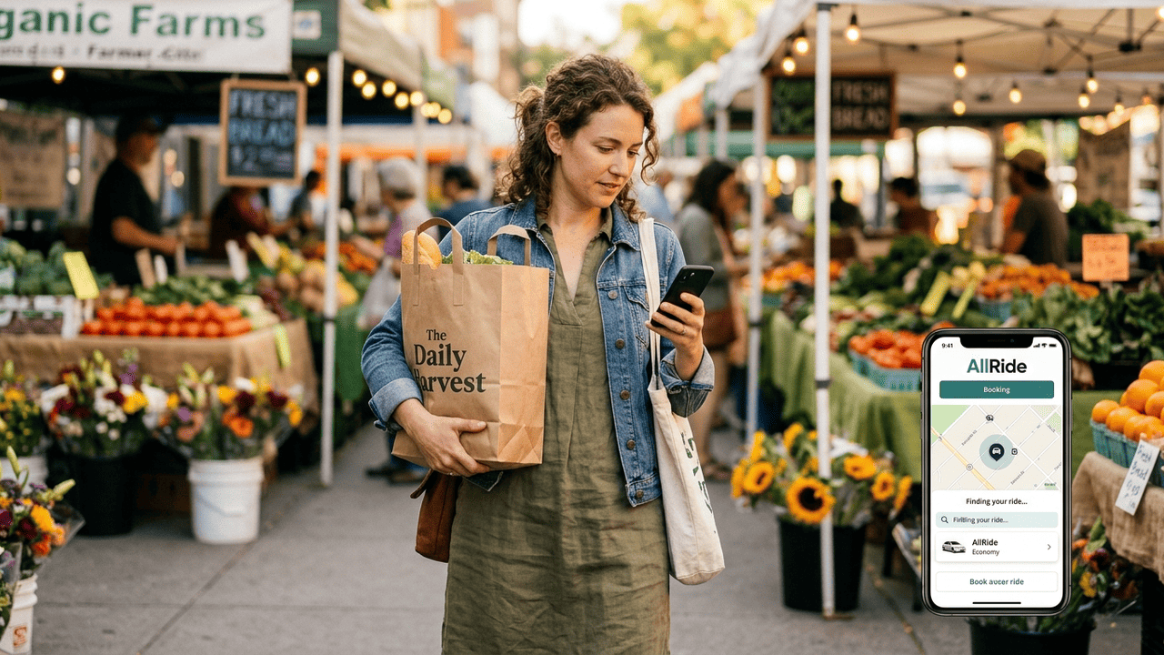 Woman in a local market with a shopping bag and mobile