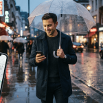 man standing on a street with an umbrella with a mobile screen infront