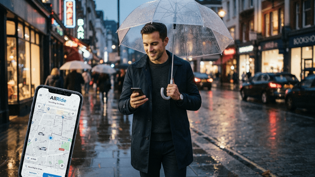 man standing on a street with an umbrella with a mobile screen infront