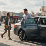 Man stepped out of a cab, another man arriving