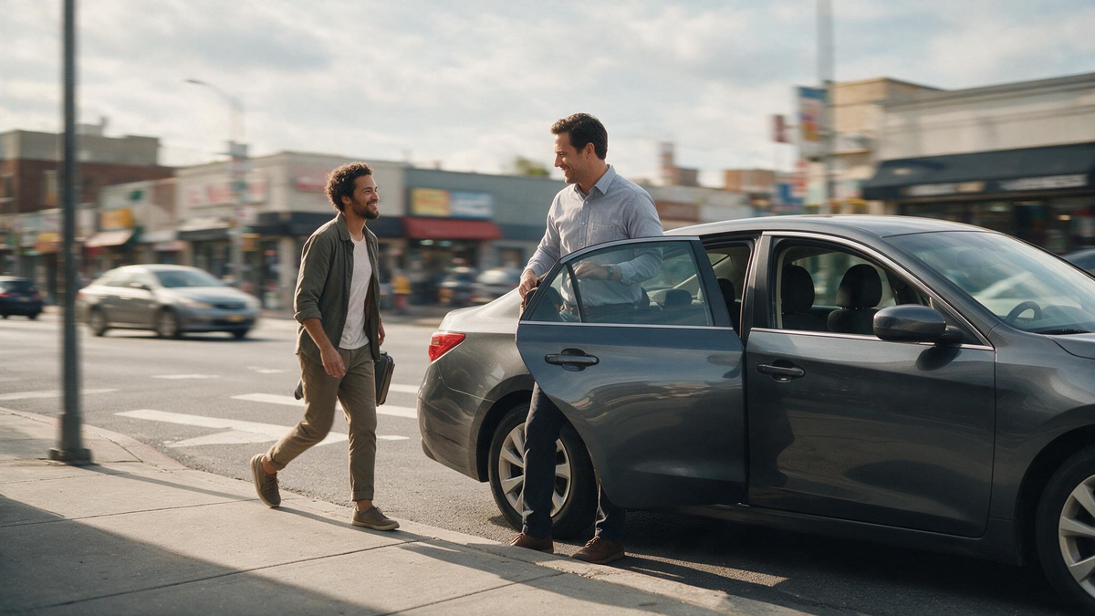 Man stepped out of a cab, another man arriving