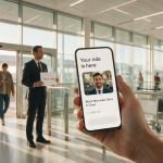 transfer booking app i the screen with a man waiting with a placard on airport