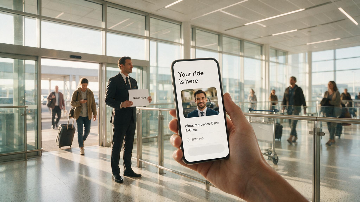 transfer booking app i the screen with a man waiting with a placard on airport