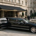 limosine infront of a hotel, door opened by a chauffeur
