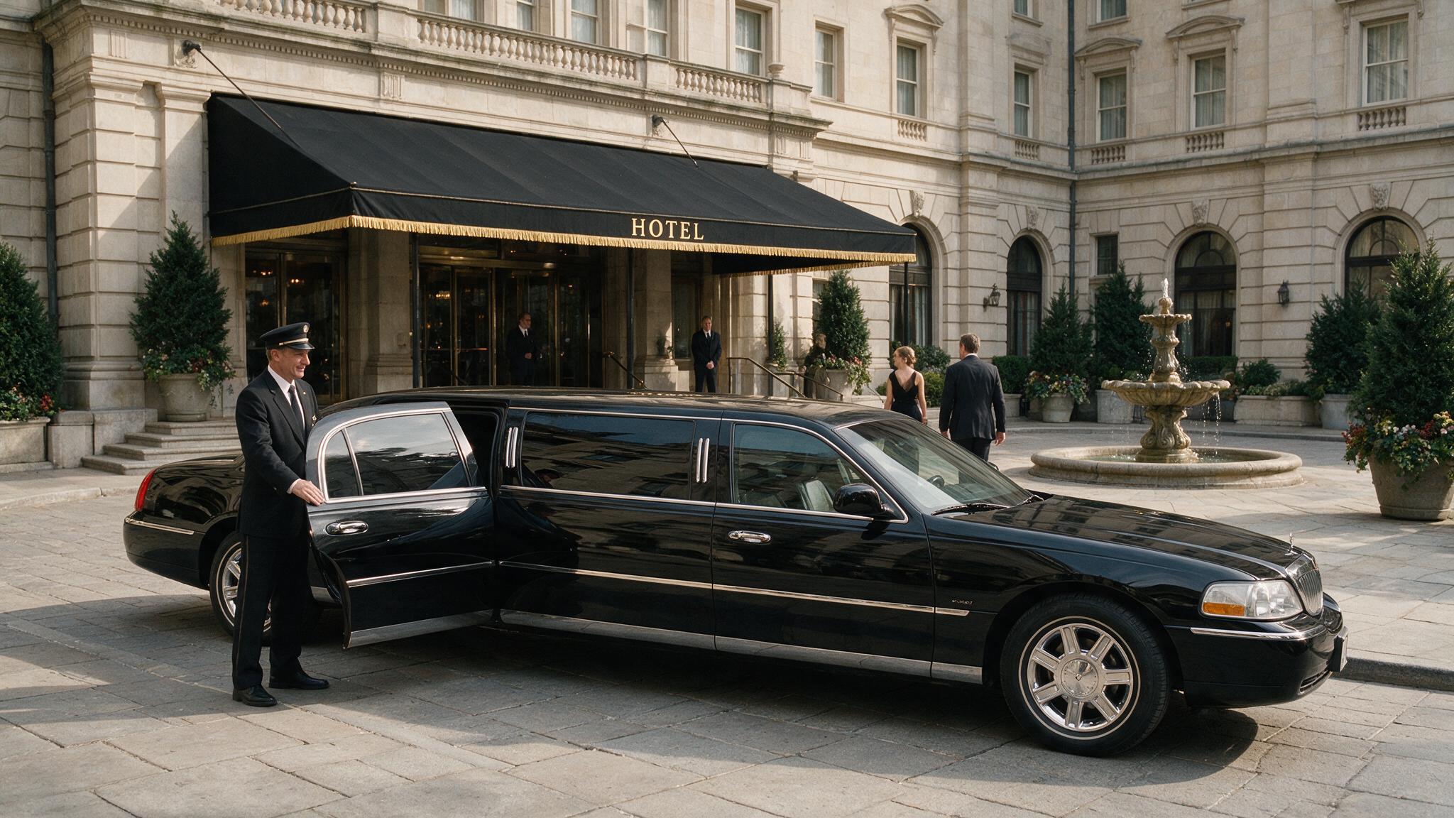 limosine infront of a hotel, door opened by a chauffeur