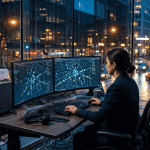 female professional infront of screen and street at the background