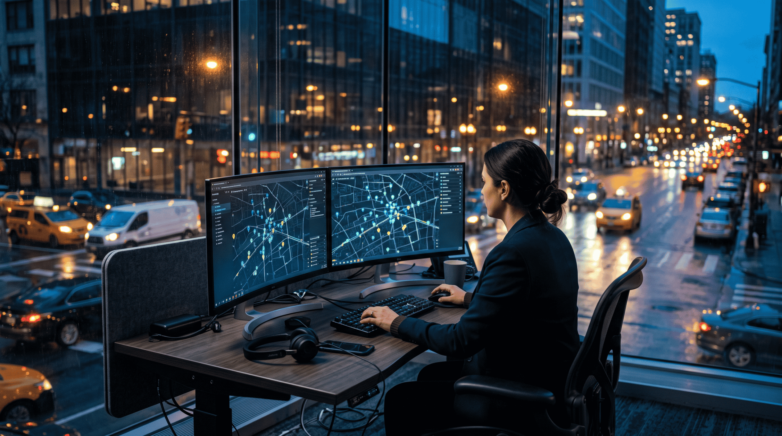 female professional infront of screen and street at the background