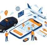 A mobile ride-booking app, car, airplane, passenger, GPS locations, and travel reservation features.