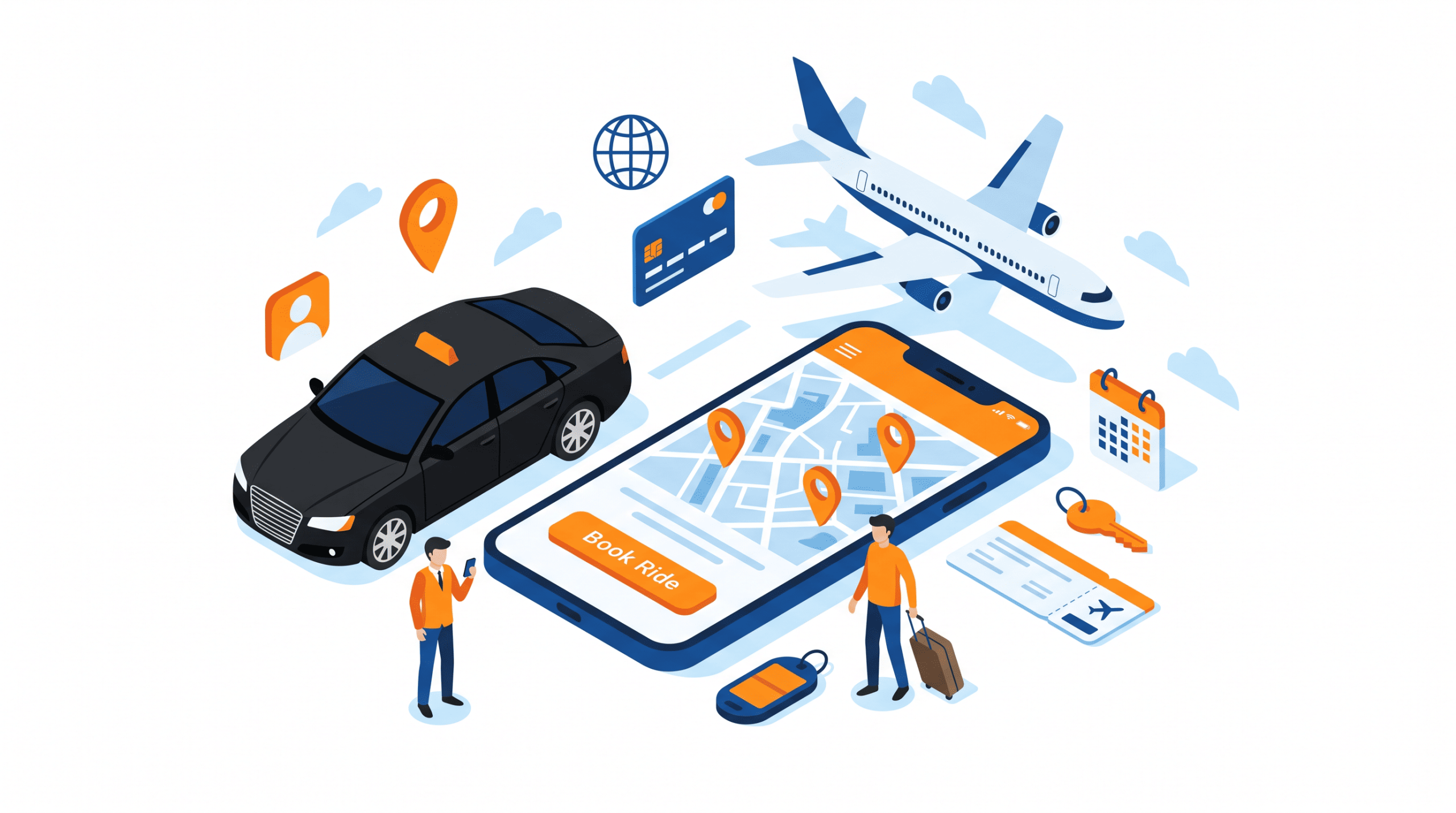 A mobile ride-booking app, car, airplane, passenger, GPS locations, and travel reservation features.